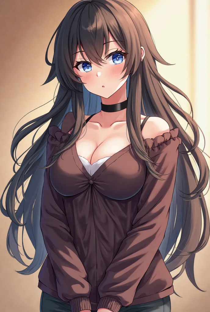 Anime girl, Anime style, female, Curvy body, big breast, Double G cups, ample bosom, big ass, small waist, Raven hair, long hair, wavy hair, blue eyes daring eyes, light skin, comfy clothes, casual clothes, Autumn clothes, black choker