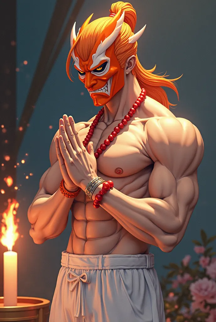 Do it in anime art,  Man of 2 , 20 meters tall , At 35 years old, bodybuilder physique , wearing white suit pants, Wearing white Oxford shoes, shirtless, wearing an orange-and-white Hannya mask that covers her entire face, wearing red ball necklace and bra...