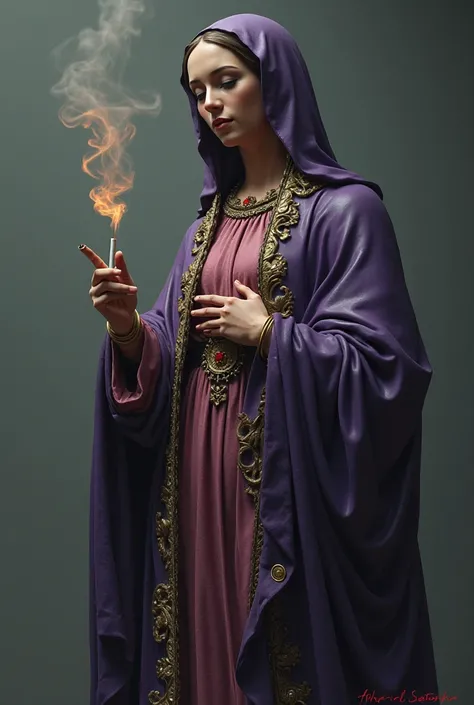 Selfie statue of the Virgin of Quito dressed in purple while smoking