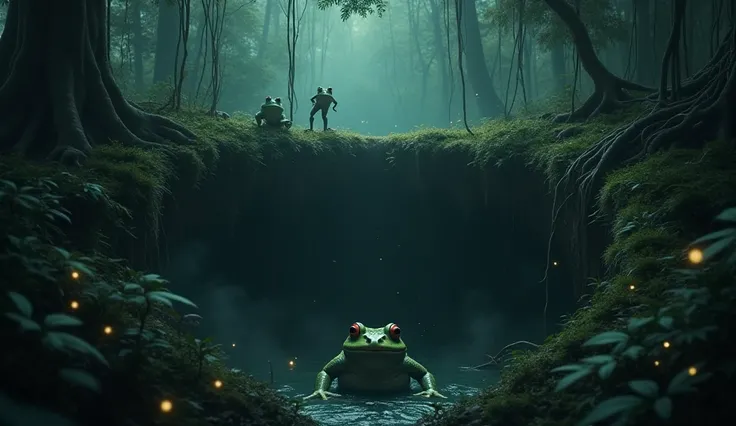 "A dark and mysterious jungle with a massive, deep pit at its center. One frog is trapped at the bottom, struggling to climb out, its limbs desperately reaching for a grip. Beside the pit, two other frogs stand on the edge, staring down in shock and awe. T...