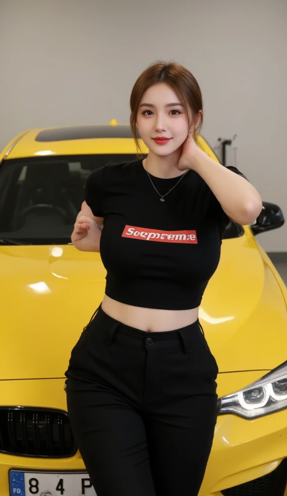  1girl , a woman standing with a yellow bmw car, with smile  ,distro supreme outfit,Black trousers ,