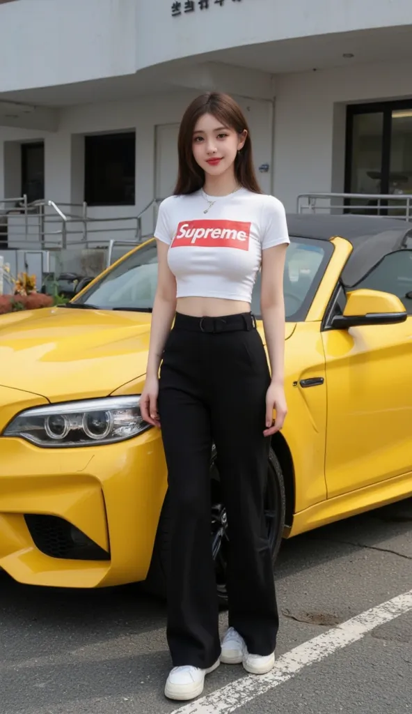  1girl , a woman standing with a yellow bmw car, with smile  ,distro supreme outfit,Black trousers ,