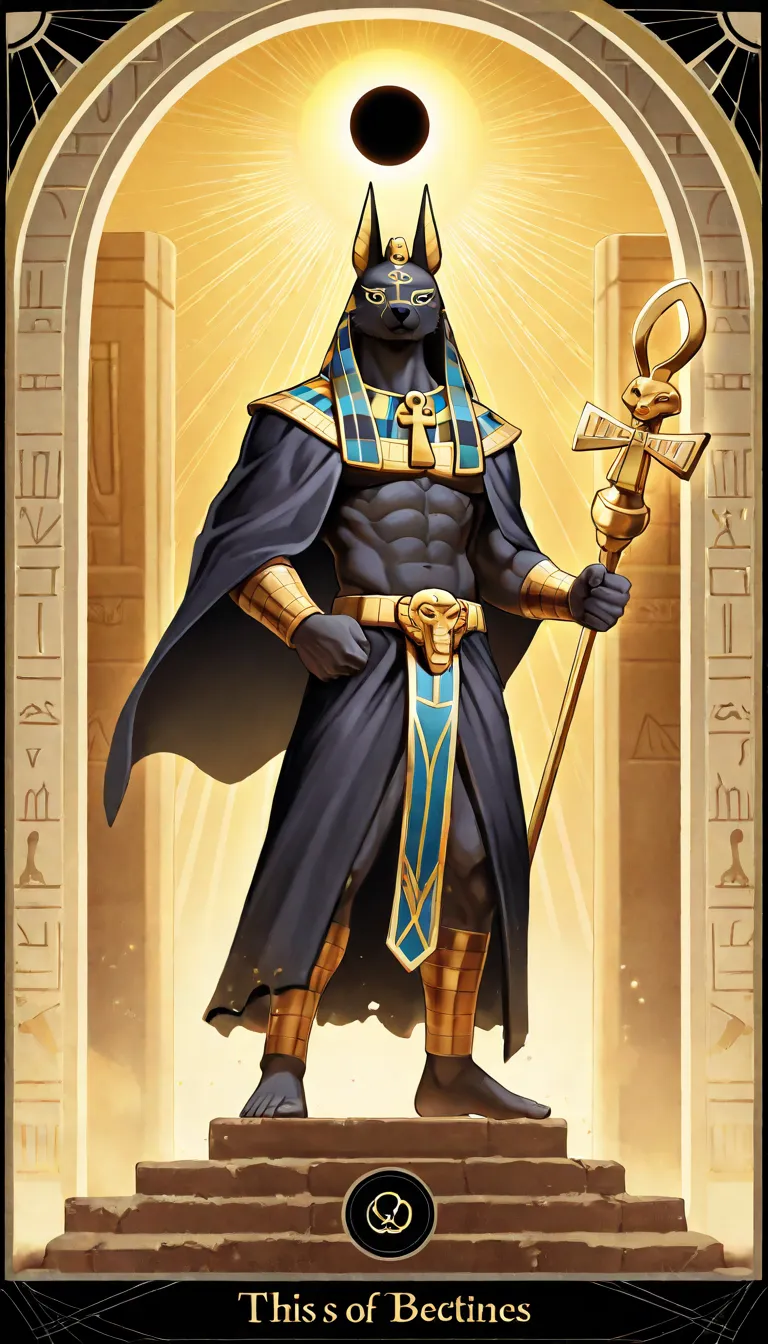 Tarot Card: Death – Anubis, Guardian of Transformation Anubis, the Egyptian god of the afterlife, stands tall, his jackal eyes glowing with divine wisdom. Cloaked in dark robes, he holds the Was scepter in one hand and the Ankh in the other—symbols of endi...