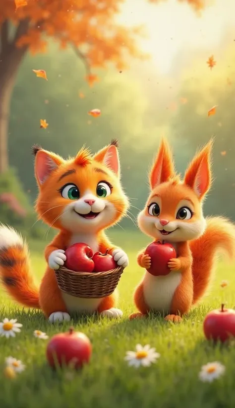 A bright orange tabby cat with green eyes, white paws, and a white-tipped tail, holding a basket of red apples, smiling with a pink nose and fluffy tail with black stripes, stands on a grassy meadow. Next to the cat, a playful orange squirrel with big eyes...