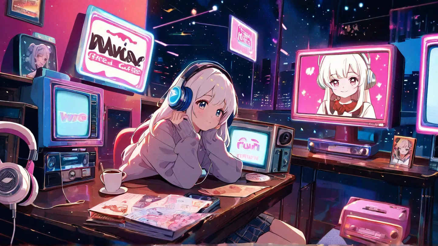 A young girl with white hair, wearing vintage-style headphones, working on a retro PC in a nostalgic 1980s Japanese café at night. The warm glow of the CRT monitor reflects on her face. She wears an oversized sweater and a plaid skirt, evoking a cozy and d...