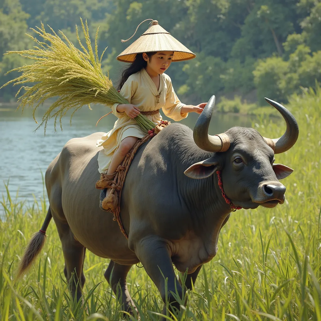 A young girl wearing an ancient Chinese straw hat and light-colored is sitting on the back of a large water buffalo, holding rice stalks in her hand as she rides through lush green grass near a river. The scene captures intricate details with high resoluti...