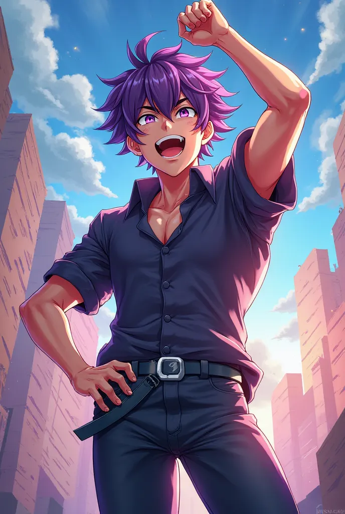 HANDSOME ANIME HERO PURPLE HAIR PURPLE EYES CHEERING