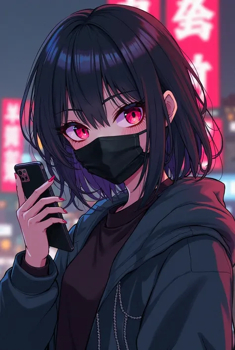 anime girl with dark hair and a mask holding a cell phone, 2 d anime style, 2022 anime style, 2 0 2 2 anime style, anime style character, style anime, trigger anime artstyle, modern anime style, wearing cyberpunk streetwear, anime styled, anime style only,...