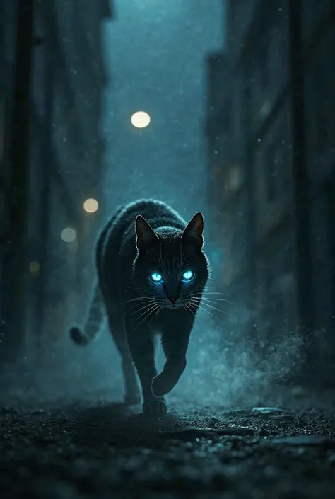 A cat walking at night glowing eyes