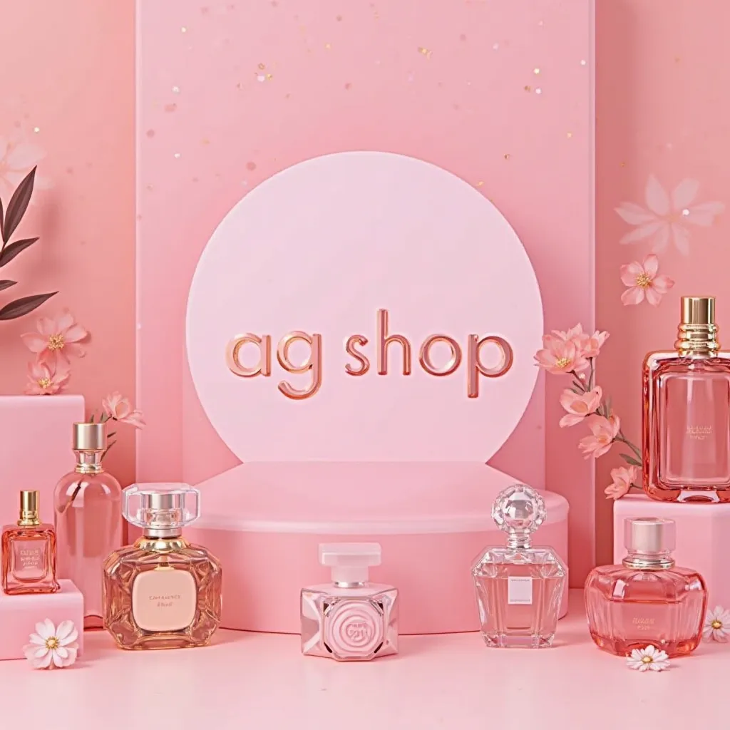 Pink logo that says “Ag shop” and perfumes in the background, make-up, pockets