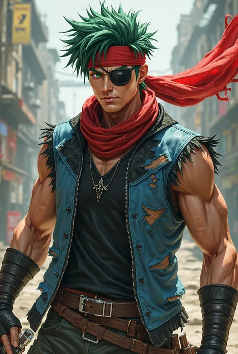 a male character with spiky green hair, a red headband, and an eyepatch over his left eye. He has a determined expression, with sharp green eyes and slightly tanned skin. He is wearing a ripped sleeveless blue jacket with black accents over a black shirt, ...