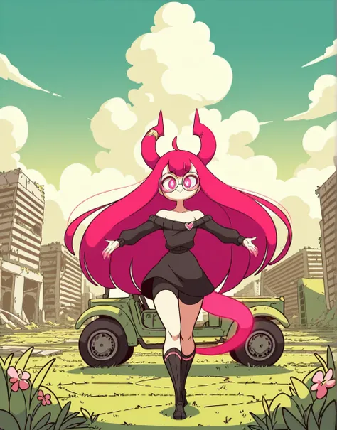 art by diives, best quality, masterpiece, uncensored, source_anime, perfect hands, 1girl, solo, magenta hair, pink eyes, skirt, long hair, black medium skirt, ruins, overgrown, open arms, smile, black sweater, flower, sky, plant, afternoon, bare shoulders,...