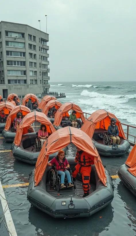 On the rooftop of a hospital, multiple tent-like roofed inflatable lifeboats are installed for emergency evacuation. After a massive earthquake, the sea becomes turbulent, and rising waves gradually approach. Elderly patients and sick individuals in wheelc...