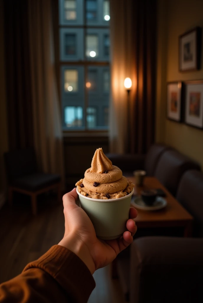 iphone picture of an arm extending out holding a cup og cookie dough ice cream, nighttime, in her new york style apartment, picture of the ice cream for snapchat