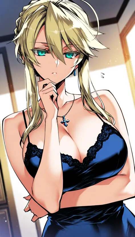 Masterpiece, artoria pendragon (lancer) (fate), elegant mature woman, sophisticated, slim, camisole, upper body, ultra detailed, highres, absurdres, dynamic angle, home, ishida akira style