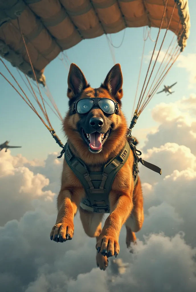 German shepherd wearing goggles jumping out of a plane with a parachute during war