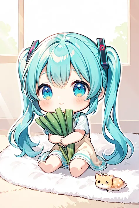 masterpiece, best quality, very aesthetic, absurdres, safe, chibi hatsune miku kawaii fullbody cute girl pose dinamic pose chibi  cute body , chica sentada en el suelo abrazando un peluche de puerro