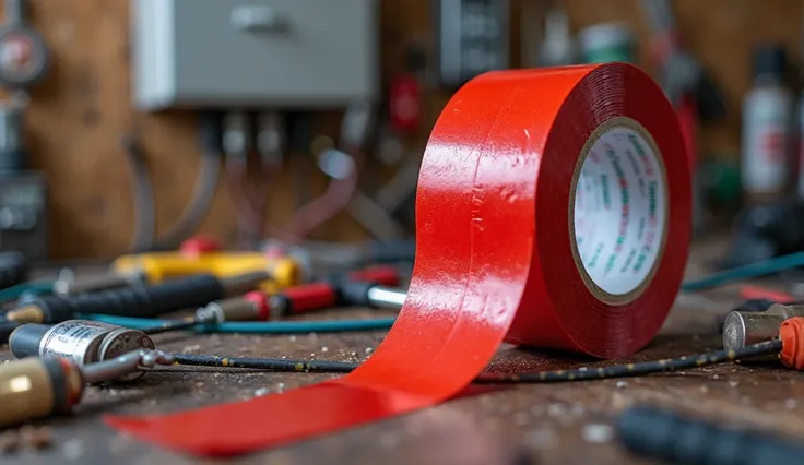 A high-resolution image focusing on a roll of red electrical tape applied to electrical wires in a busy workshop. The background should feature electrical components and tools, showcasing the tape's use for insulation and safety. The red tape should be cle...