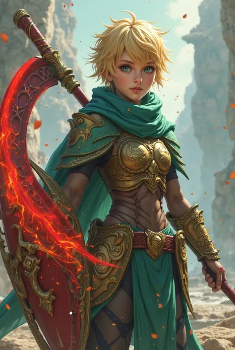 future princess from Guardian tales, blonde, Short Hair, green eyes, a large scythe with the edge of red energy, a petroleum-green scarf armor up to the abdomen, red shield with gold ornaments