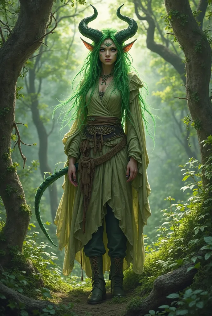 Tiefling Druid woman with green hair and greenish skin, wearing rustic clothes made of natural material, with details that remind her demonic ancestry