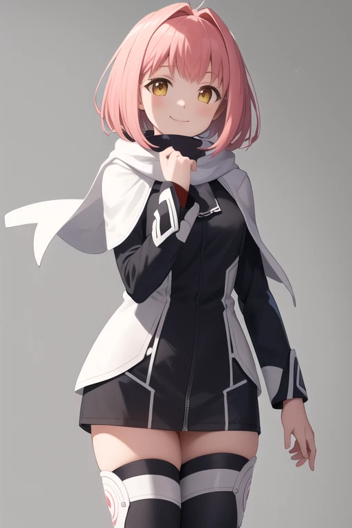 masterpiece, the best quality,  highres, aamomo , Short Hair, choke, adorno para el cabello,  black scarf, Black dress, Alone,  Long Sleeves Leather,  tall white stockings, Standing, cowboy shot,  smile