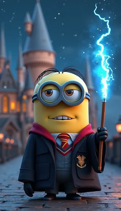 Um Minion vestindo o uniforme de Hogwarts, round glasses and holding a magic wand shining with a blue spell. He has a lightning scar on his forehead and is standing in front of Hogwarts castle under a starry sky. Magic Lighting, detailed 3D render,  cartoo...