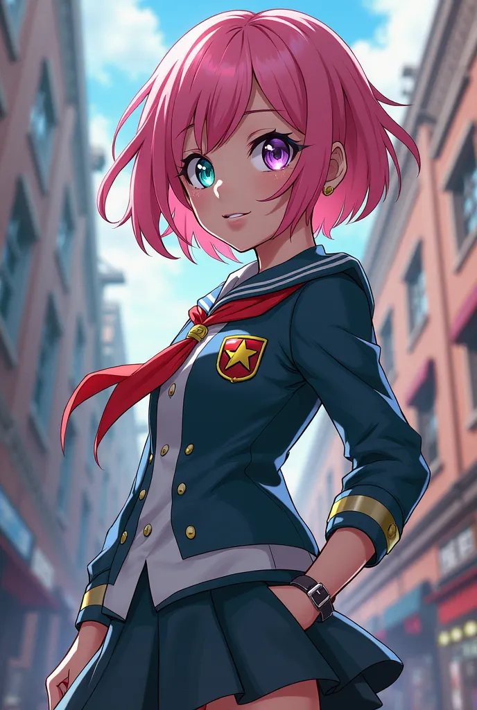 Screenshot of My Hero Academia, a girl with short pink hair with blue and green eyes wearing the UA uniform in the style of the anime My Hero Academia 