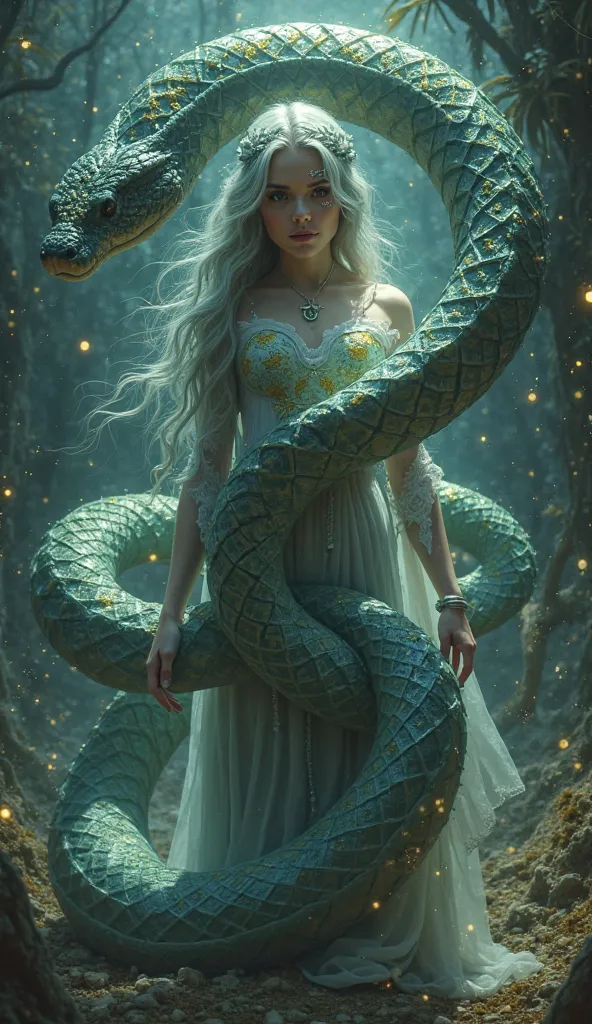 Mystical style woman with a big snake that is stalking her 