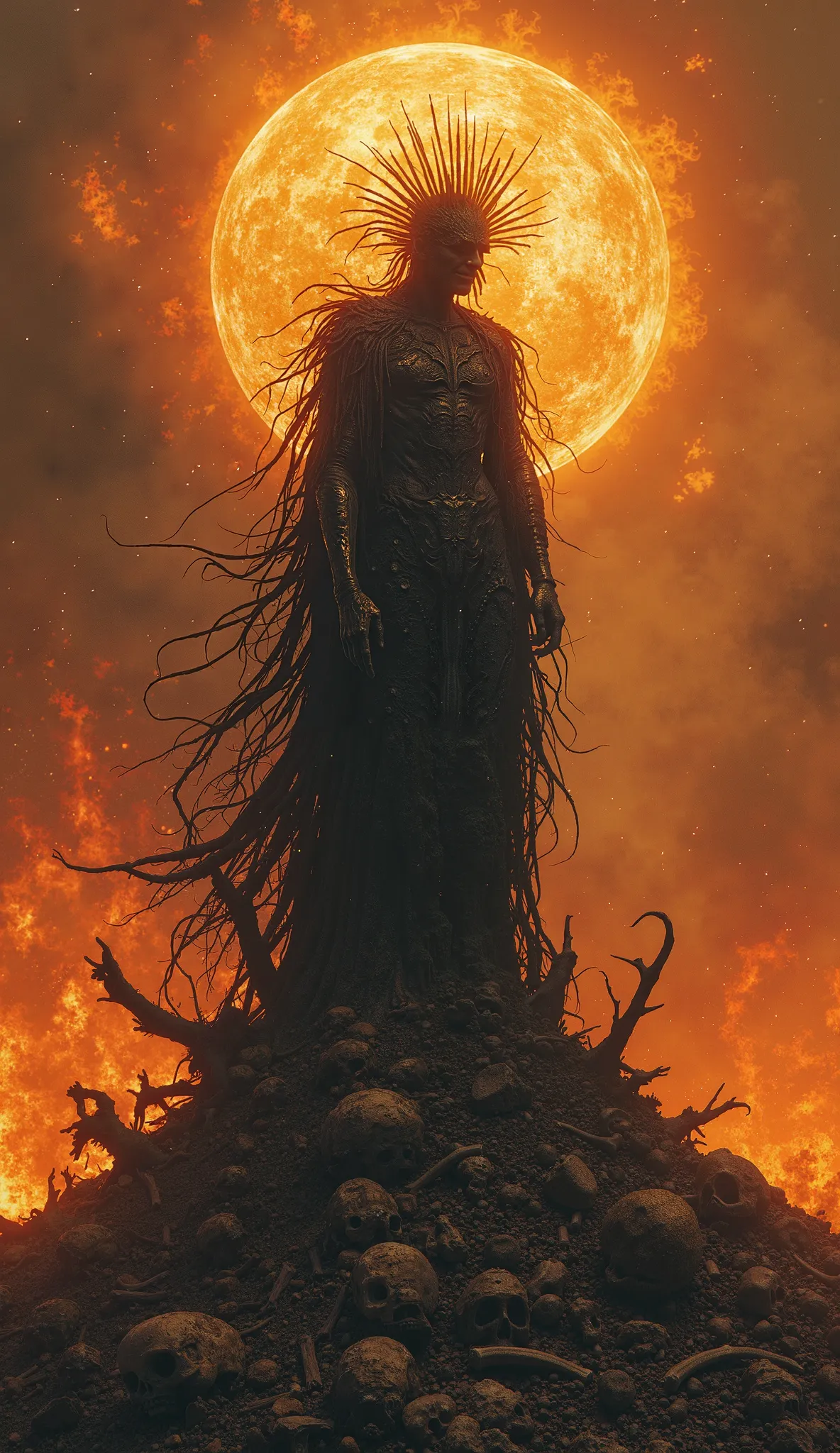 "Hyper-realistic, high detail. A lone figure stands on a throne of blackened bones, the remnants of those who tried to destroy them. Their body is no longer flesh, but a shifting mass of darkness, crowned by an infernal halo that pulses like a dying sun.

...