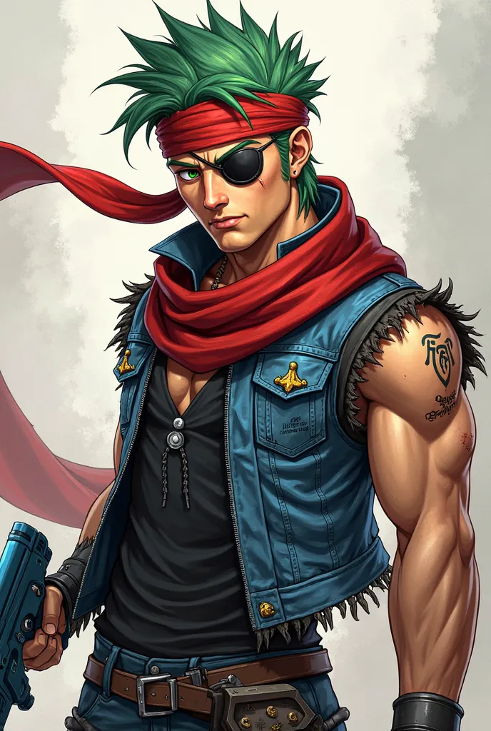 a male character with spiky green hair, a red headband, and an eyepatch over his left eye. He has a determined expression, with sharp green eyes and slightly tanned skin. He is wearing a ripped sleeveless blue jacket with black accents over a black shirt, ...