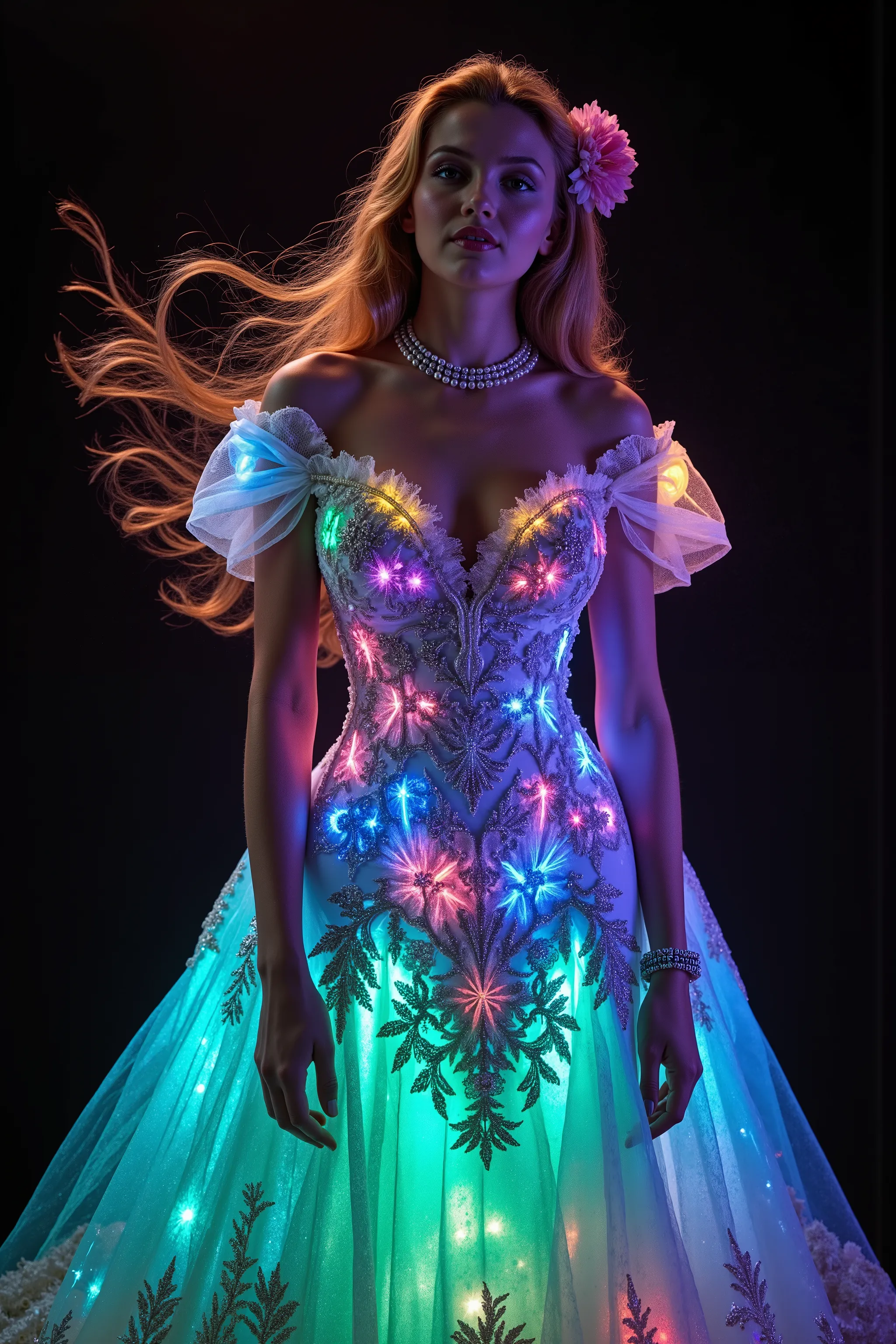 <lora:Spirals of light,Glitterhud_wht_gwn, a satin and tulle off-shoulder sleeveless full-length gown with a fitted bodice and a flared skirt. Florescent athe gown has sheer puff sleeves adorned with floral appliqués, sweetheart-shaped neckline lace, neon ...