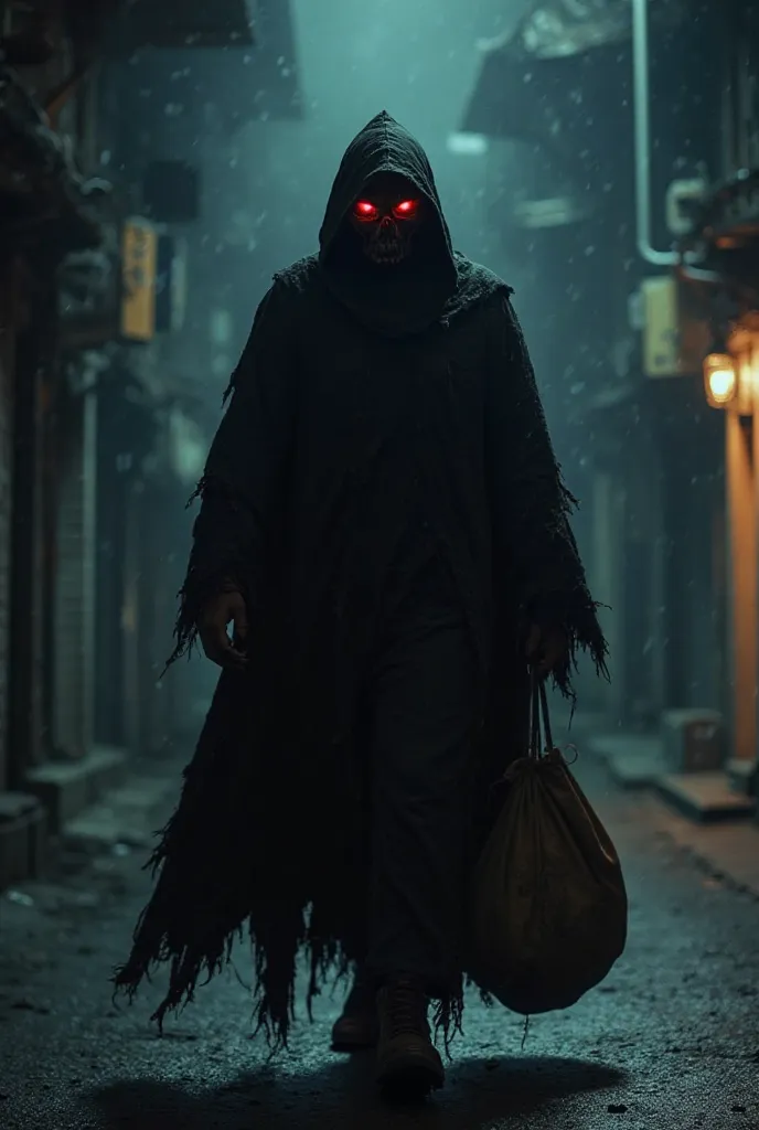 As the night deepens, the Boogeyman emerges from the shadows. He is a tall, dark figure, wearing a shabby black cloak, with rips on the tips and stains of dirt. His scoffer mask covers his face, but his eyes shine with an intense shade of red, illuminating...