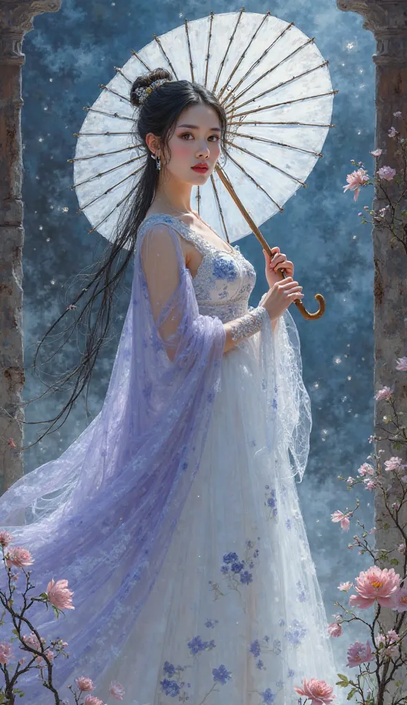 Ai Spell: Painted in the style of classical Chinese brushwork, the heroine is the face of Chinese artist Dilraba Dilmurat, wearing a white tulle dress embroidered with light blue lotus flowers, a light purple cape, and lace at the collar and cuffs. Holding...