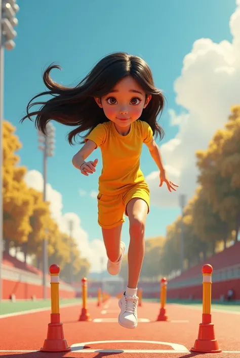  Disney girl , long hair, black and smooth;  slanted eyes, Slim-skinned with yellow sportswear, doing long jump and recreation on a court 