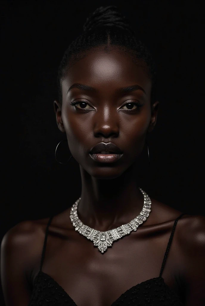  A deep-skinned black model poses for a luxury jewelry campaign, wearing an incredibly detailed diamond necklace. The background is a dark backdrop,  Sophisticated, recalling a high fashion magazine advertisement. But there's something wrong: if you observ...