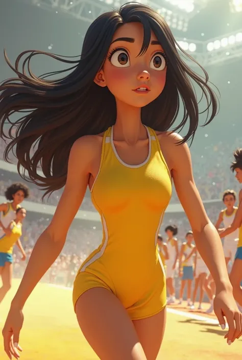  Disney girl , long hair, black and smooth;  slanted eyes, with a slim build in yellow sportswear, Jumping into competition 