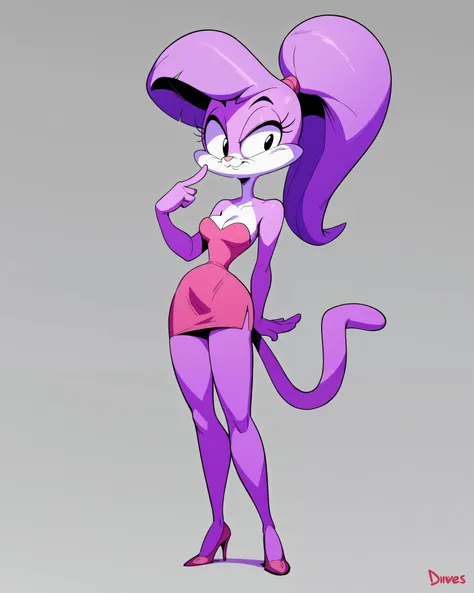 A medium shot of Lady Lumious, an anthropomorphic light purple cat character. She is standing in a dynamic pose, with one finger raised. She wears a strapless pink short dress with white trim. High heels. Her long, purple hair is styled in a high ponytail....