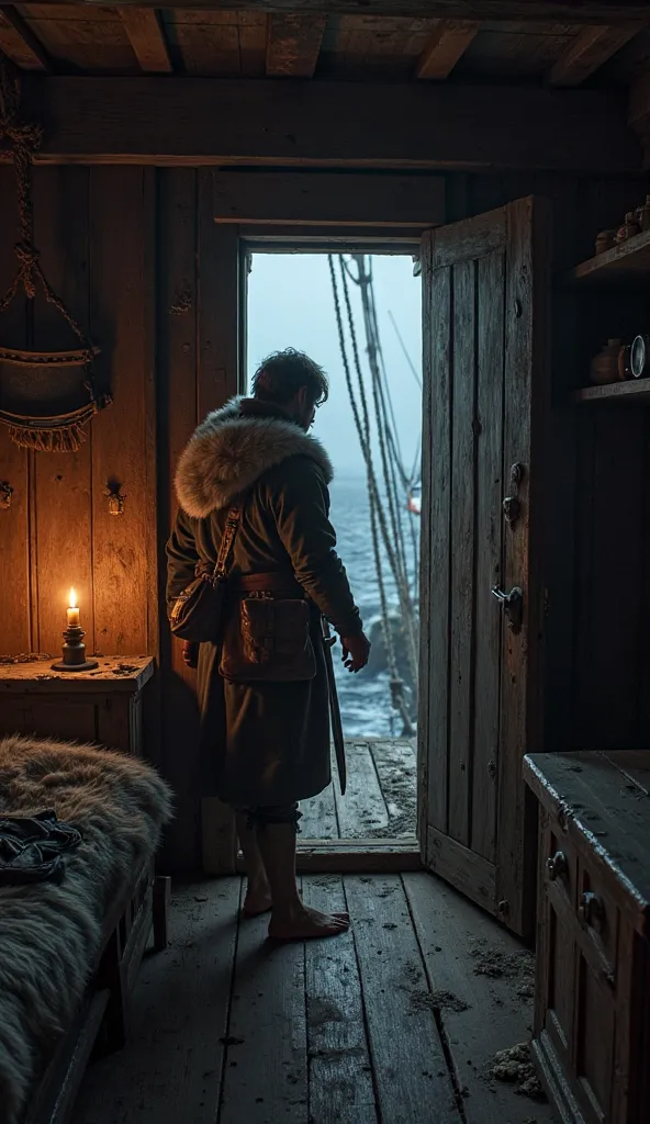 First-person perspective of a character standing up inside the small, dimly lit cabin on a Viking ship. The character’s hands are visible as they push themselves up from the fur-covered mattress, feeling the stiffness in their body after a restless sleep. ...