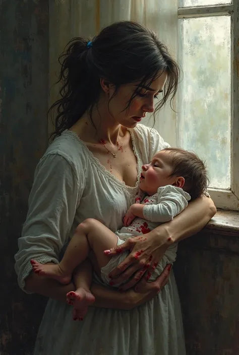 Generate an image where a mother is cradling a baby close to a window, , the mother's hands stained with blood and the baby's white clothes stained with blood