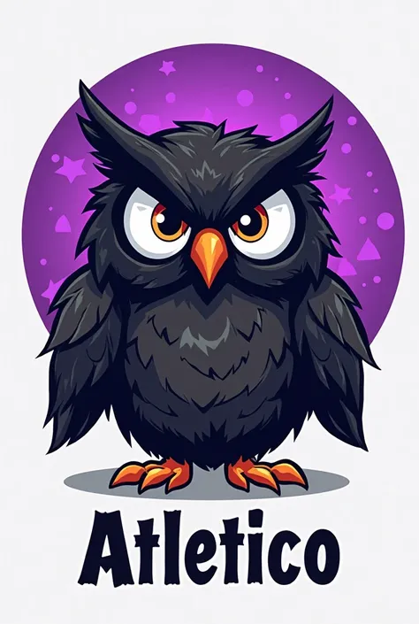 create a simplified cartoon logo for a university athlete where the main point is an owl in the color black with the eyes and surroundings in the color purple, With the expression of anger and with the wings open. On the underside the name of Atlético, aad...