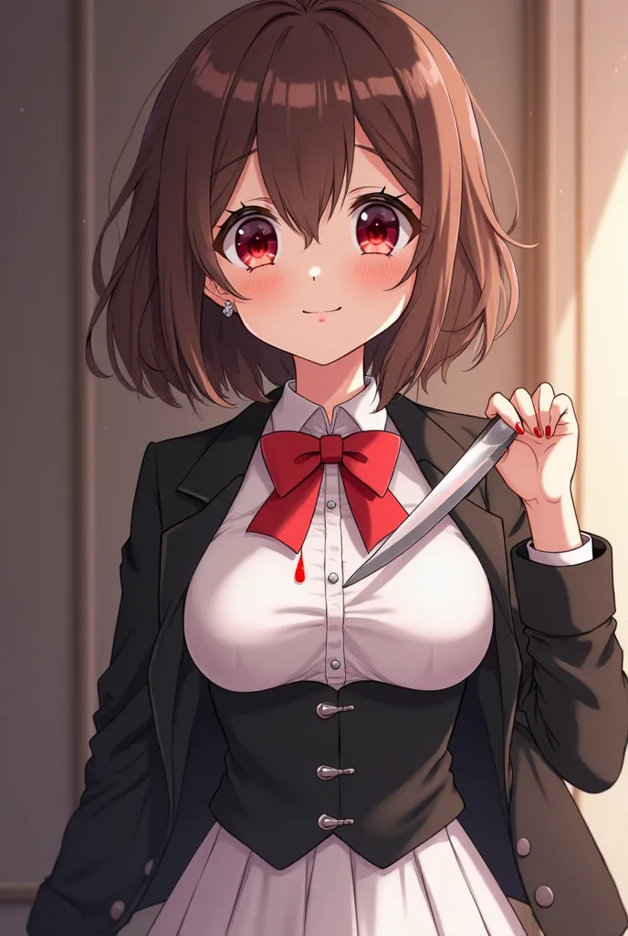 21-year-old cute anime girl with short, slightly wavy brown hair. Her bangs partially cover her forehead. Her skin color is light. Her eyes are large and striking, of an intense red color. She has a slim build, great curves, like her huge breasts. She usua...