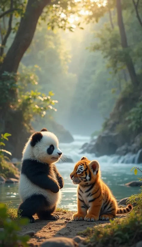 A chubby baby panda with fluffy black-and-white fur and round eyes stands beside a playful baby tiger with orange fur and black stripes. They are at the edge of a misty, blue river deep in a dense jungle. The river whispers faint words as the mist swirls a...