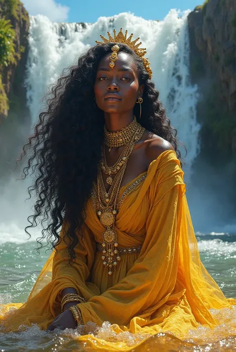 A realistic image of Orixá Oxum, a black woman with long curly hair, on a waterfall dressed in gold with a blue background, a photo with high quality, high resolution