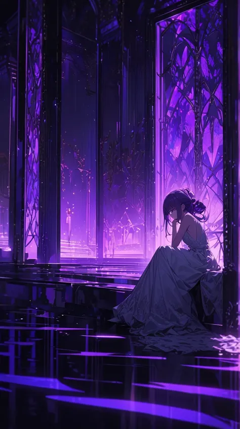 A scene from afar, a girl sitting in the middle of the room floor and looking at the room lamp that shines in a dim violet light, darkness, wrapped hair, purple hair, detailed white dress, detailed eyes, very detailed, best quality, very detailed