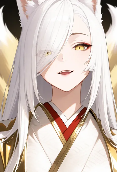 1 ,  fox tail,  multiple tails , white hair, long hair, animal ears, masterpiece,  Yellow Eyes,  Kitsune, hair over one eye,  Light Smile , white and gold kimono, close-up,  portrait, Open Mouth, looking at the viewer.