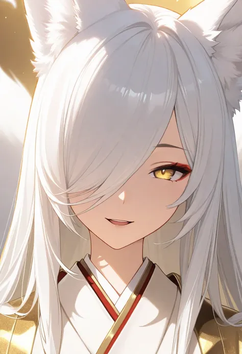 1 ,  fox tail,  multiple tails , white hair, long hair, animal ears, masterpiece,  Yellow Eyes,  Kitsune, hair over one eye,  Light Smile , white and gold kimono, close-up,  portrait, Open Mouth, looking at the viewer.