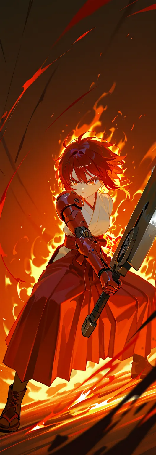 (best quality), high detailed, (big weapon:1.2), (attack stance), action pose, (oversized iron sword), Girl, mechanical arm, burning arm, emit red aura, Ruby blade, Slash effect, serious, hakama, beautiful eyes, super fine eyes