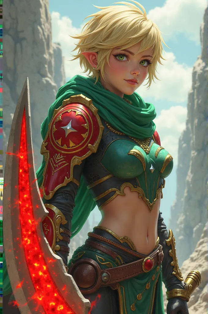 future princess from Guardian tales, blonde, Short Hair, green eyes, a large scythe with the edge of red energy, a petroleum-green scarf armor up to the abdomen, red shield with gold ornaments