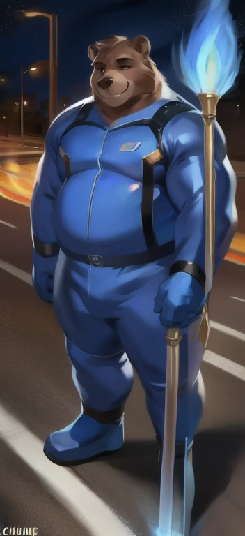 alone , Male tall , stand, road,bear mammoth​, Blue Military Spacesuit,Holding a magical staff of fire ​ element, Overweight , strapped muscles , Smirk, by chunie