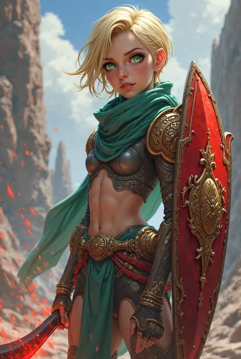 future princess from Guardian tales, blonde, Short Hair, green eyes, a large scythe with the edge of red energy, a petroleum-green scarf armor up to the abdomen, red shield with gold ornaments